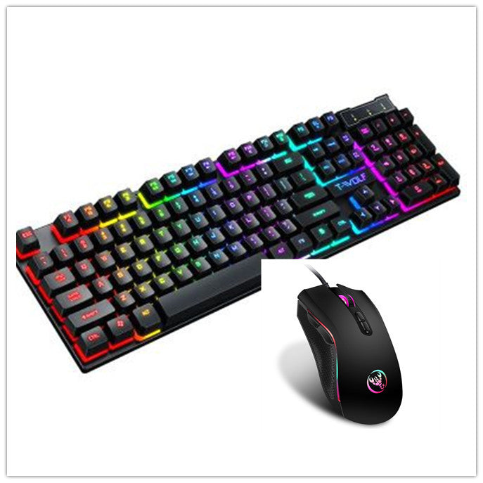 Black wired gaming keyboard with RGB backlit floating keys and multimedia shortcuts beside a black RGB gaming mouse