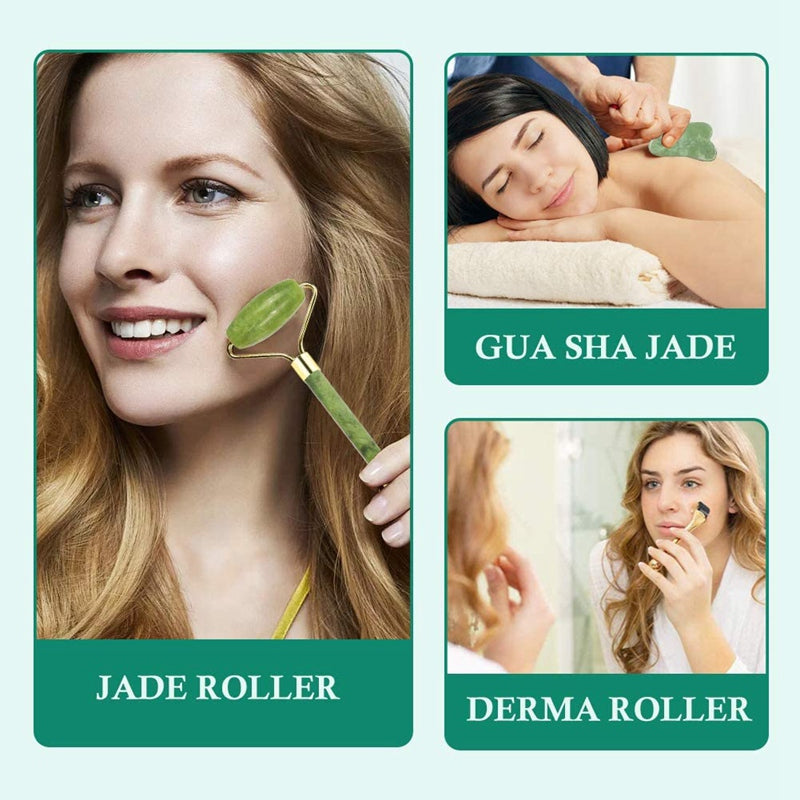 Woman using jade roller on face, jade gua sha massage, and derma roller skincare tools
