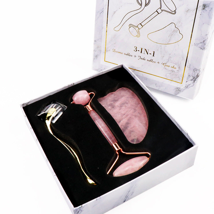 3-in-1 skincare set with pink jade roller, micro-needle derma roller, and gua sha stone in marble box