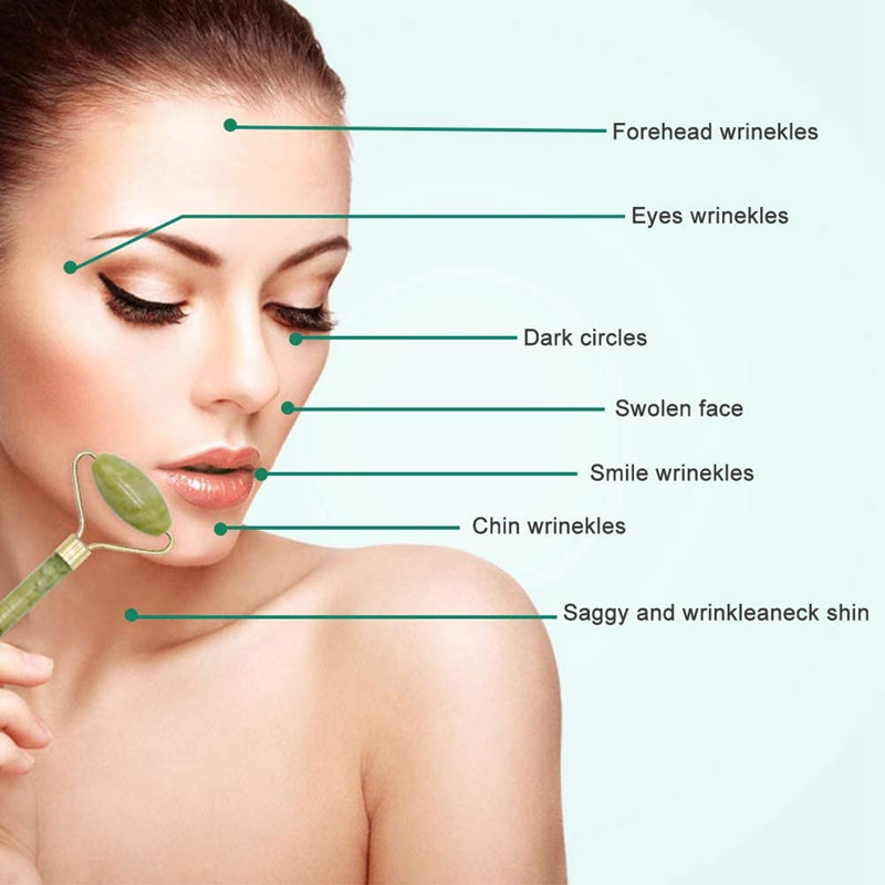 Woman using green jade roller on face with labels showing wrinkle and skin concerns