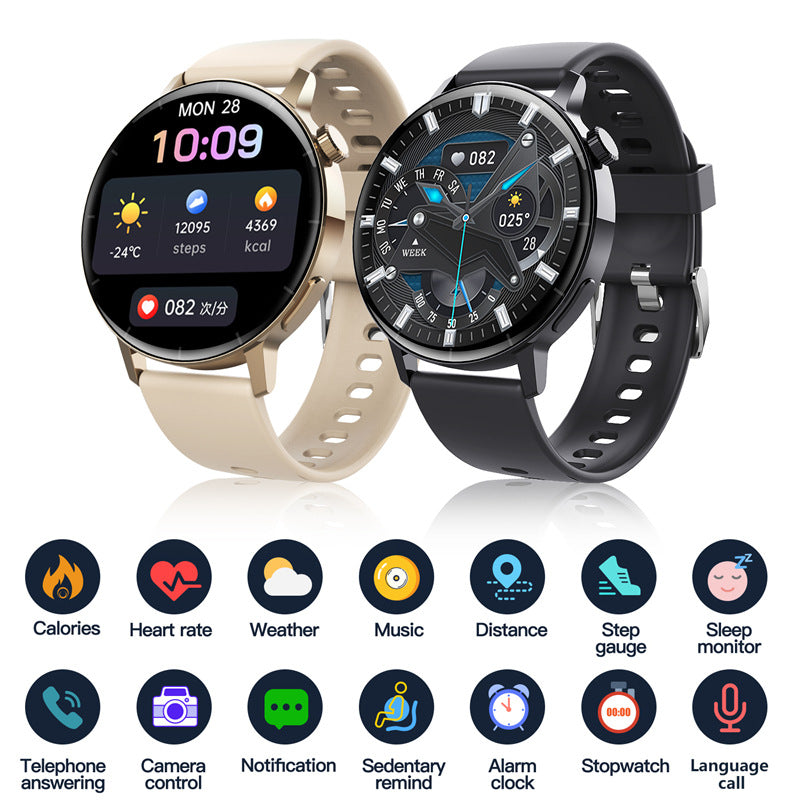 Two Trendoligy smartwatches with round screens showing health stats and time, black and beige bands