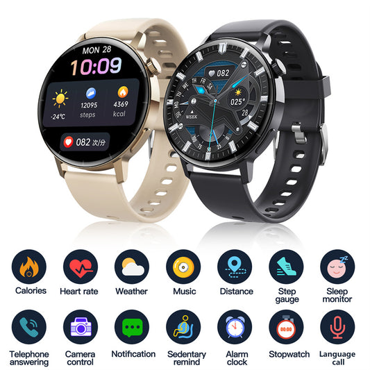 Two Trendoligy smartwatches with round screens showing health stats and time, black and beige bands