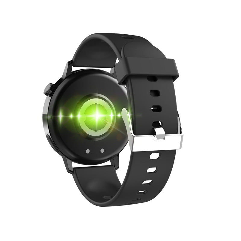 Back view of Trendoligy black TPU smartwatch with 1.32" round screen and green sensor light