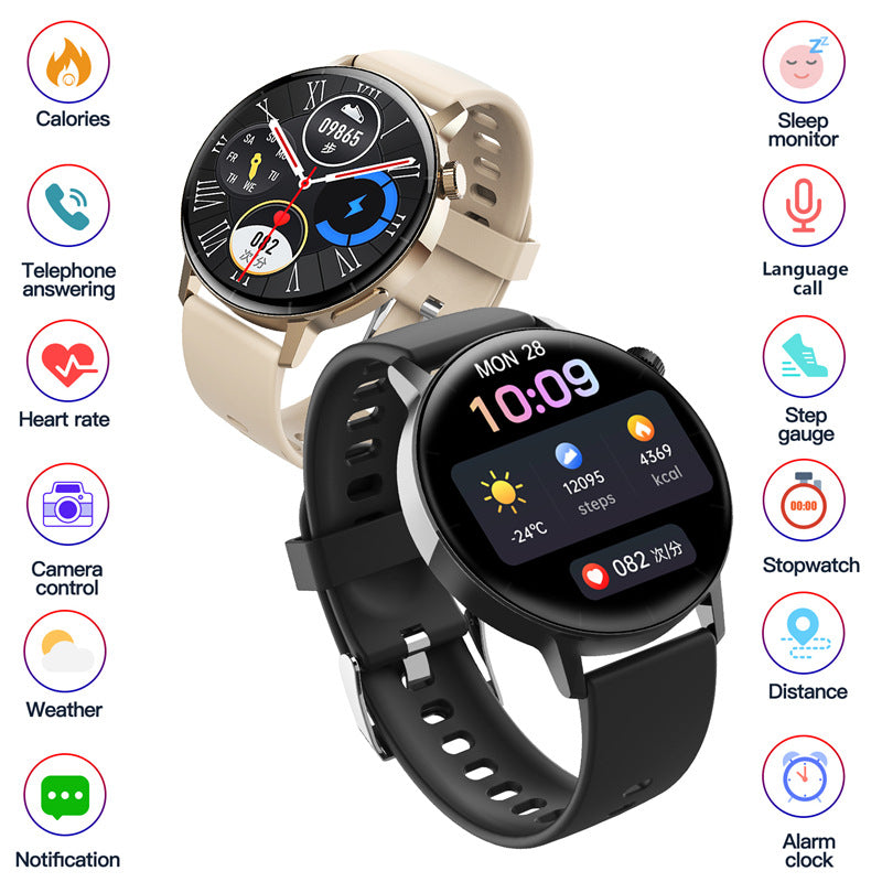 Two Trendoligy smartwatches with round screens, one beige with analog display, one black with digital fitness stats