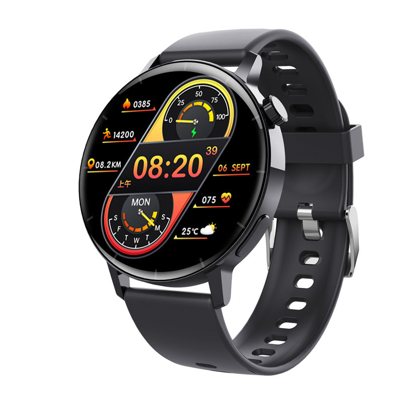 Black Trendoligy smart watch with 1.32-inch round screen showing time, date, steps, heart rate, and weather