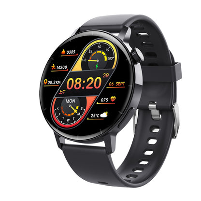 Black Trendoligy smart watch with 1.32-inch round screen showing time, date, steps, heart rate, and weather
