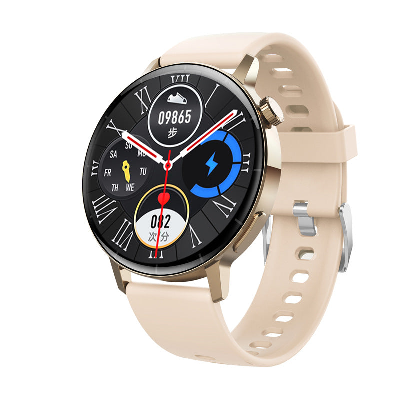 Beige strap Trendoligy smart watch with 1.32-inch round screen showing step count, heart rate, and battery icons