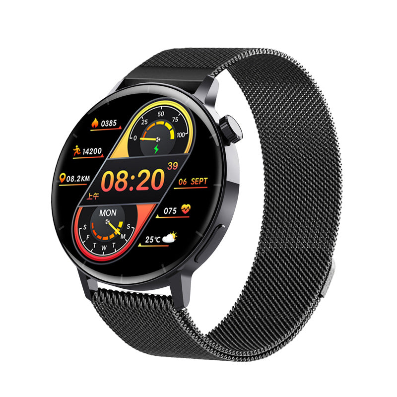 Black Trendoligy smart watch with round 1.32-inch screen showing time, date, steps, heart rate, and weather