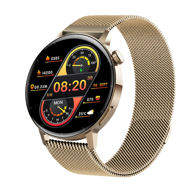gold metal mesh band Trendoligy smart watch with round 1.32-inch screen showing time, date, steps, heart rate, and weather
