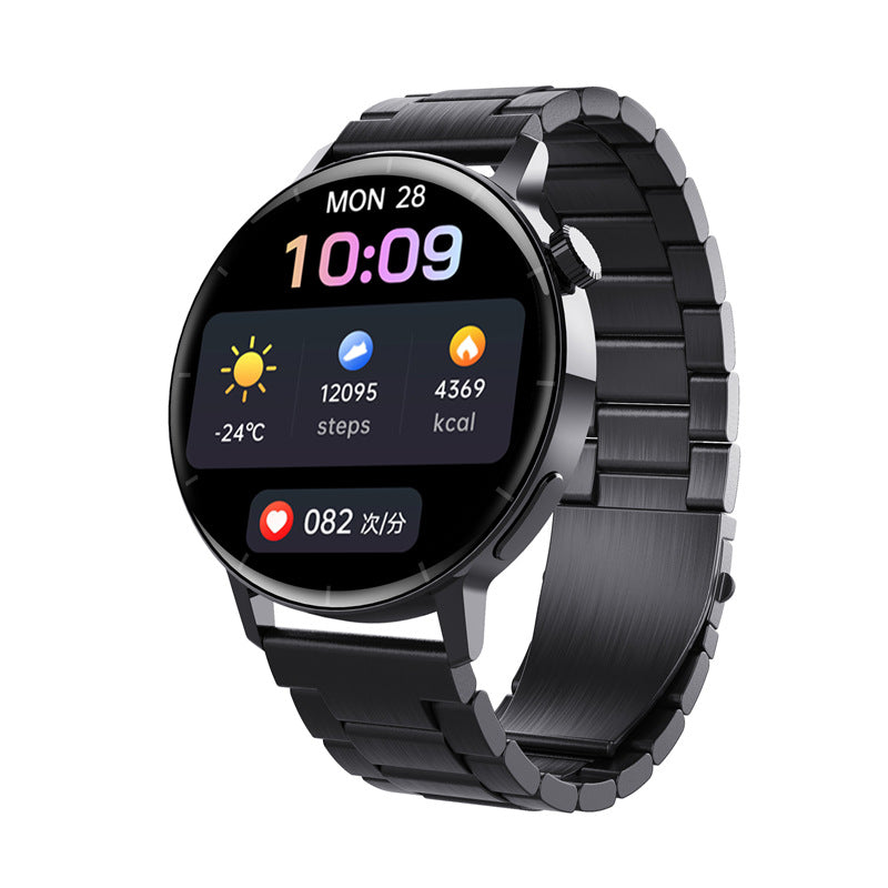 Black Trendoligy smartwatch with round 1.32-inch screen showing time, date, steps, calories, weather, and heart rate