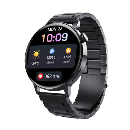 Black Trendoligy smartwatch with round 1.32-inch screen showing time, date, steps, calories, weather, and heart rate