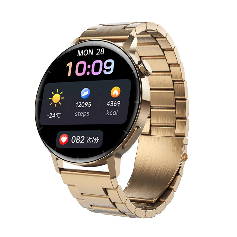 Gold metal smart watch with round screen showing time, date, weather, steps, calories, and heart rate