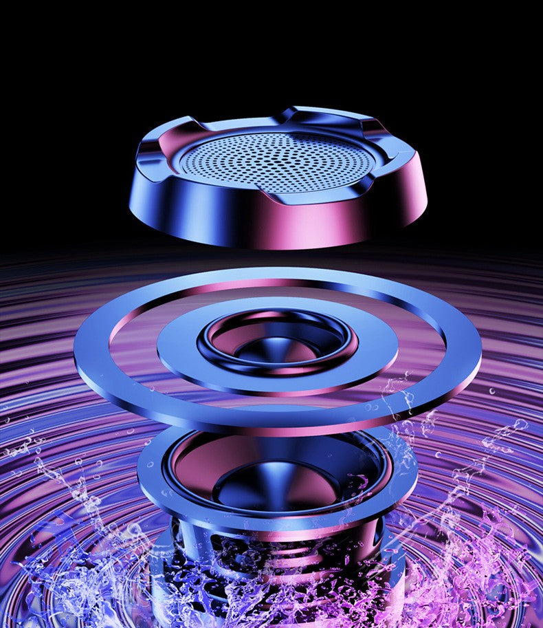 Exploded view of a high-tech Bluetooth speaker with water splash and purple-blue lighting effect