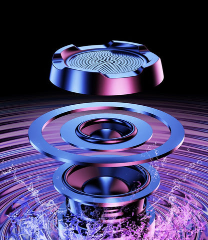 Exploded view of a high-tech Bluetooth speaker with water splash and purple-blue lighting effect