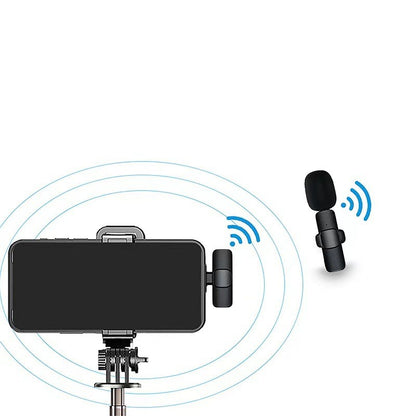 Wireless lavalier microphone with Type-C receiver connected to smartphone on tripod