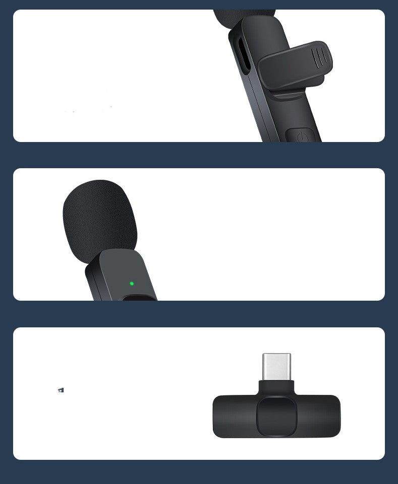 Black wireless lavalier microphone with clip, foam windscreen, and USB Type-C receiver
