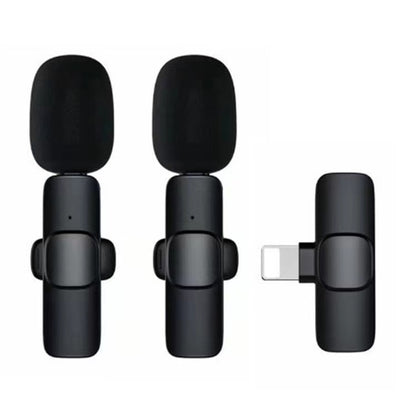 Black wireless lavalier microphone with Type-C rechargeable connector shown from front and side views on white background