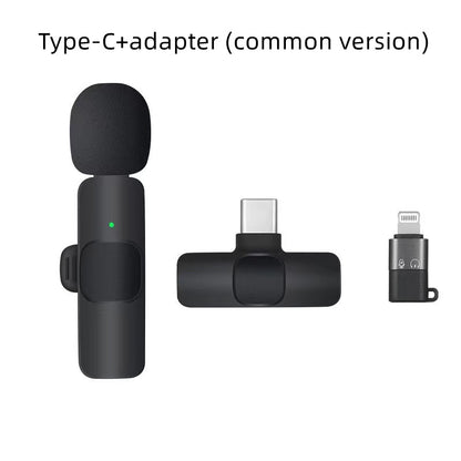 Wireless Type-C lavalier microphone with foam windscreen and adapters for Type-C and Lightning devices