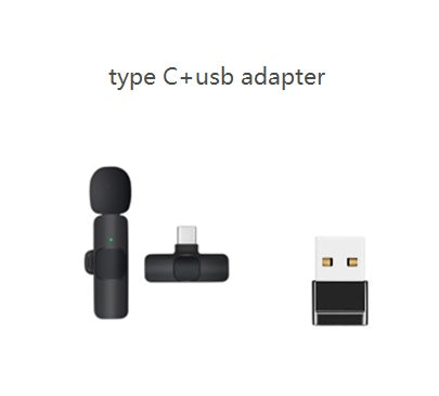 Trendoligy wireless lavalier microphone with Type-C and USB adapters on white background