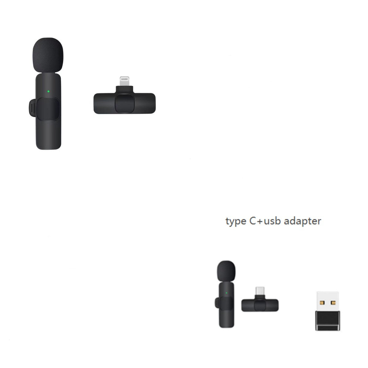 Black wireless lavalier microphone with foam windscreen, lightning adapter, and USB Type-C plus USB adapter