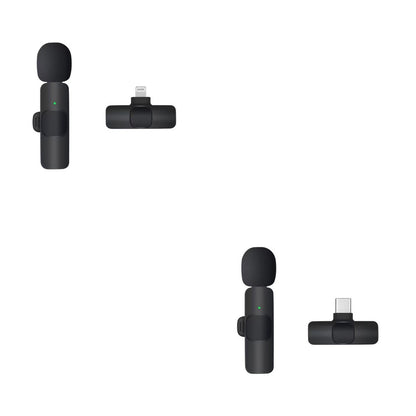Black wireless lavalier microphones with Type-C and Lightning connectors on white background