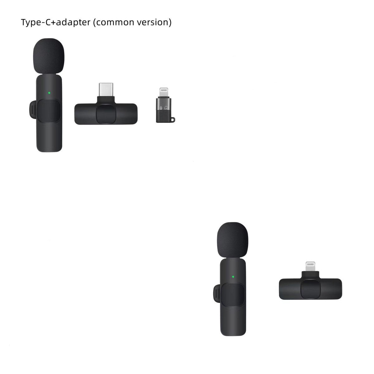 Black wireless lavalier microphone with foam windscreen and Type-C plus Lightning adapters on white background
