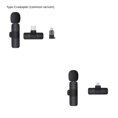 Black wireless lavalier microphone with foam windscreen and Type-C plus Lightning adapters on white background