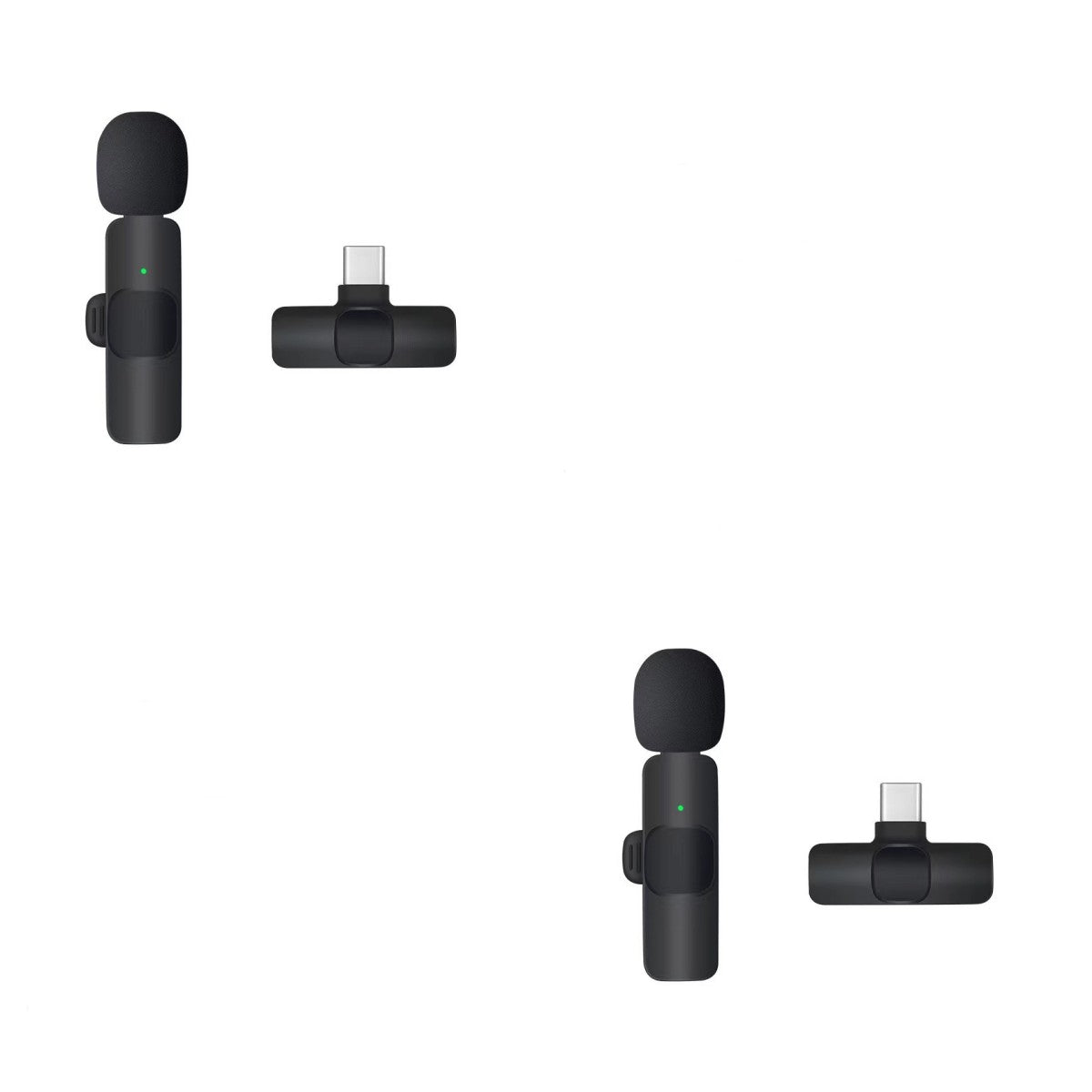 Two sets of black wireless lavalier microphones with Type-C connectors on a white background