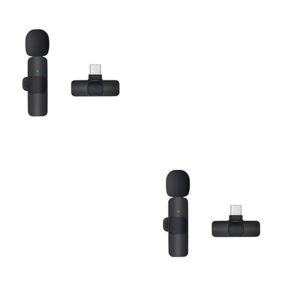 Two sets of black wireless lavalier microphones with Type-C connectors on a white background