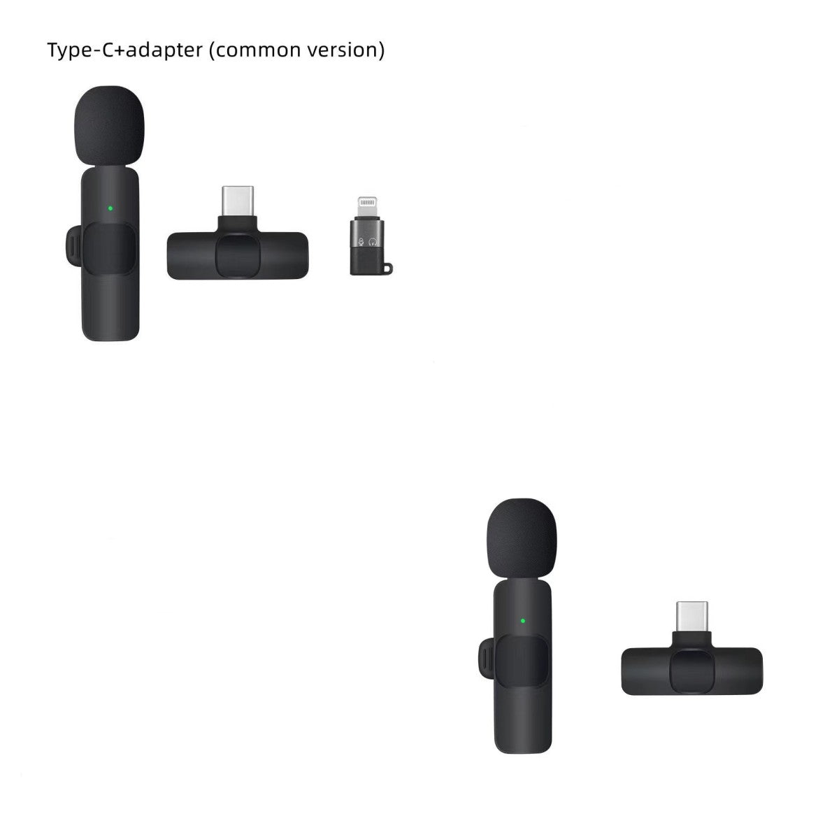 Black wireless lavalier microphone with foam windscreen and Type-C adapter on white background