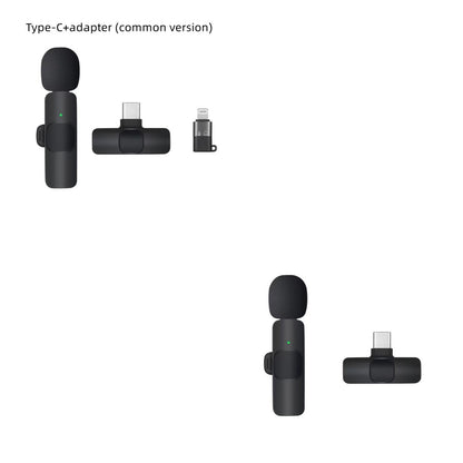 Black wireless lavalier microphone with foam windscreen and Type-C adapter on white background