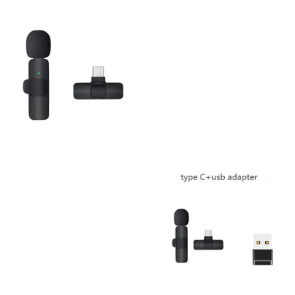 Black wireless lavalier microphone with windscreen and Type-C USB adapter on white background