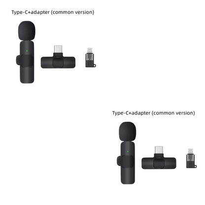 Black Type-C wireless lavalier microphone with foam windscreen and Type-C plus Lightning adapters