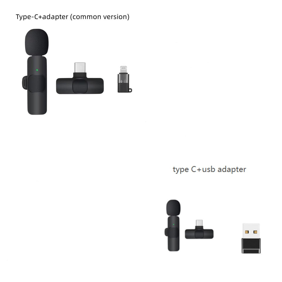 Black wireless lavalier microphones with Type-C and USB adapters on white background