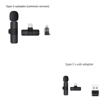 Black wireless lavalier microphones with Type-C and USB adapters on white background