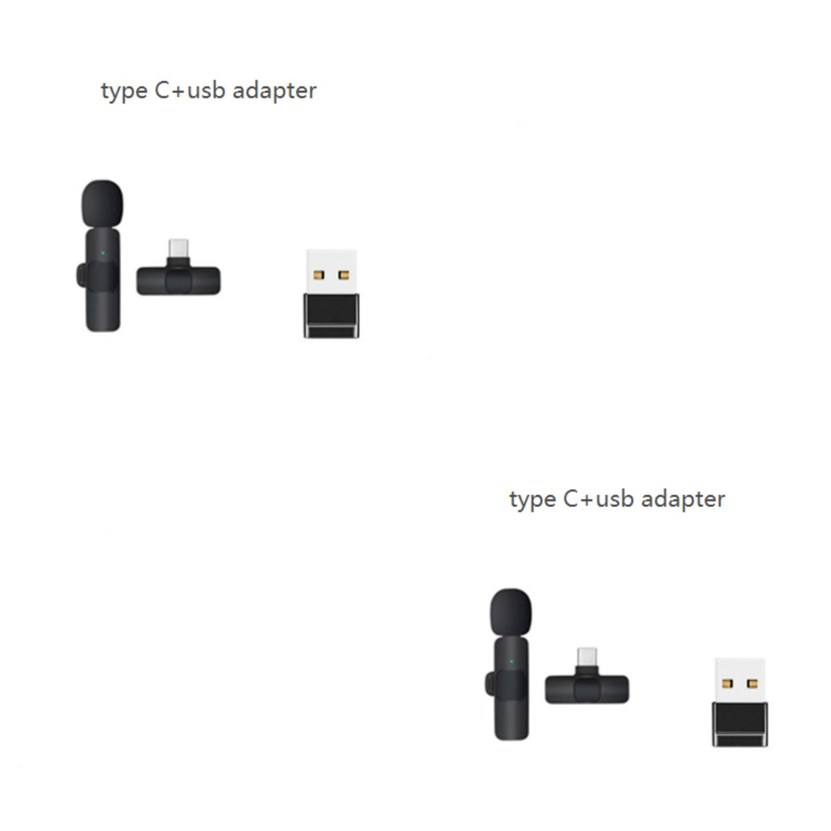 Two sets of wireless lavalier microphones with Type C and USB adapters on a white background