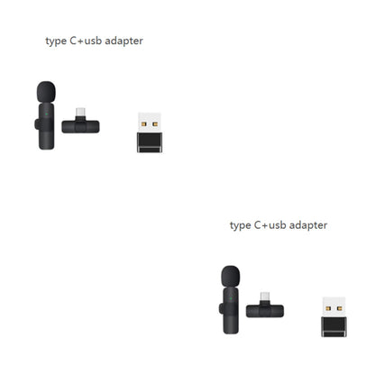 Two sets of wireless lavalier microphones with Type C and USB adapters on a white background