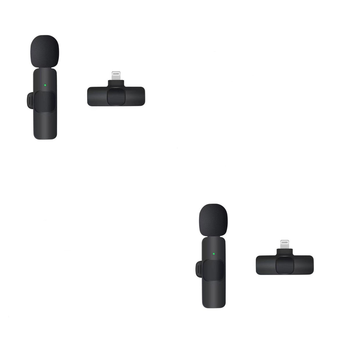 Black Trendoligy wireless lavalier microphone with foam windscreen and Type-C connector shown from front and back