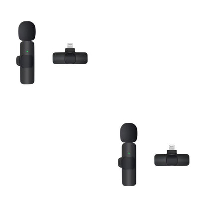 Black Trendoligy wireless lavalier microphone with foam windscreen and Type-C connector shown from front and back