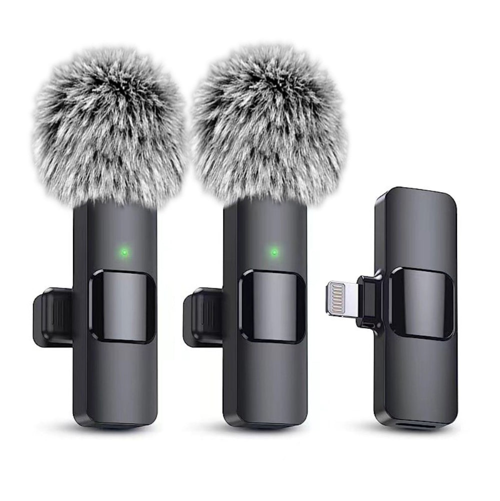 Two wireless lavalier microphones with furry windshields and a separate Type-C receiver