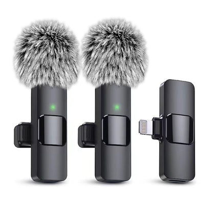Two wireless lavalier microphones with furry windshields and a separate Type-C receiver