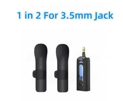 Wireless lavalier microphone set with two black transmitters and one receiver with 3.5mm jack