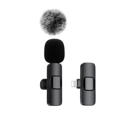 Black wireless Type-C lavalier microphone with detachable furry windscreen and receiver