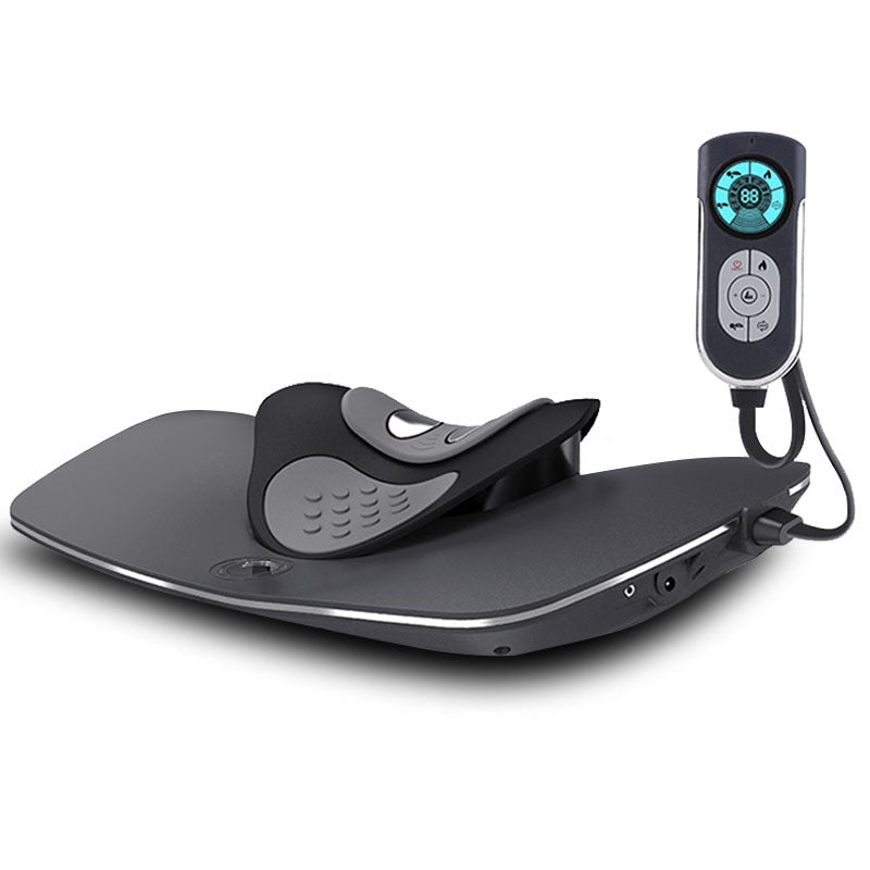 Black Trendoligy neck massager with heat function and pulse therapy with remote control on white background