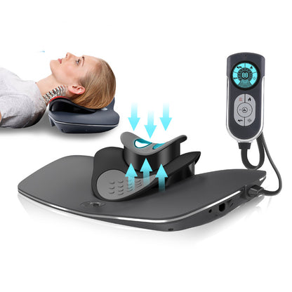 Black Trendoligy neck massager with heat function and pulse therapy, shown with remote control and woman using it