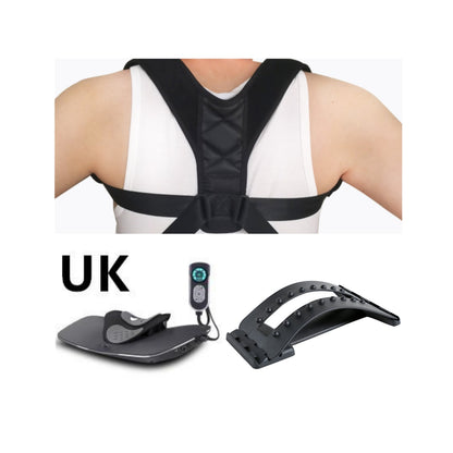 Black posture corrector worn on back and two types of black back stretchers with remote control on white background