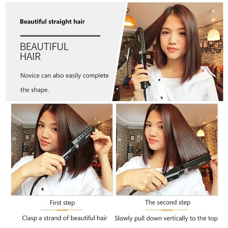 Woman using black hair straightener to style smooth, shiny straight brown hair indoors