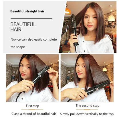 Woman using black hair straightener to style smooth, shiny straight brown hair indoors