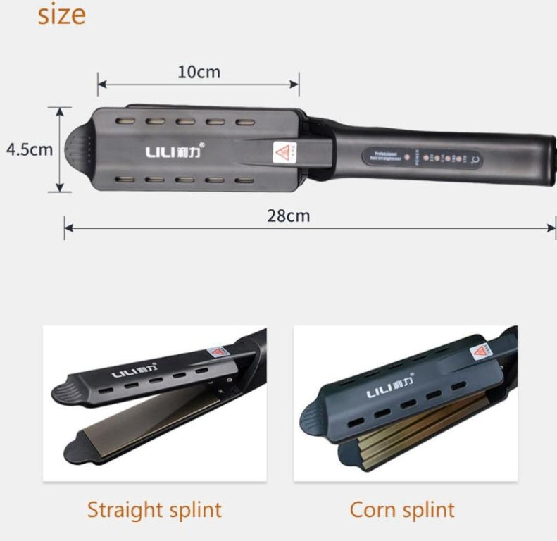 Black LILI hair straightener with straight and corn splint plates, 28cm long, 4.5cm wide