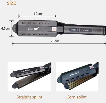 Black LILI hair straightener with straight and corn splint plates, 28cm long, 4.5cm wide